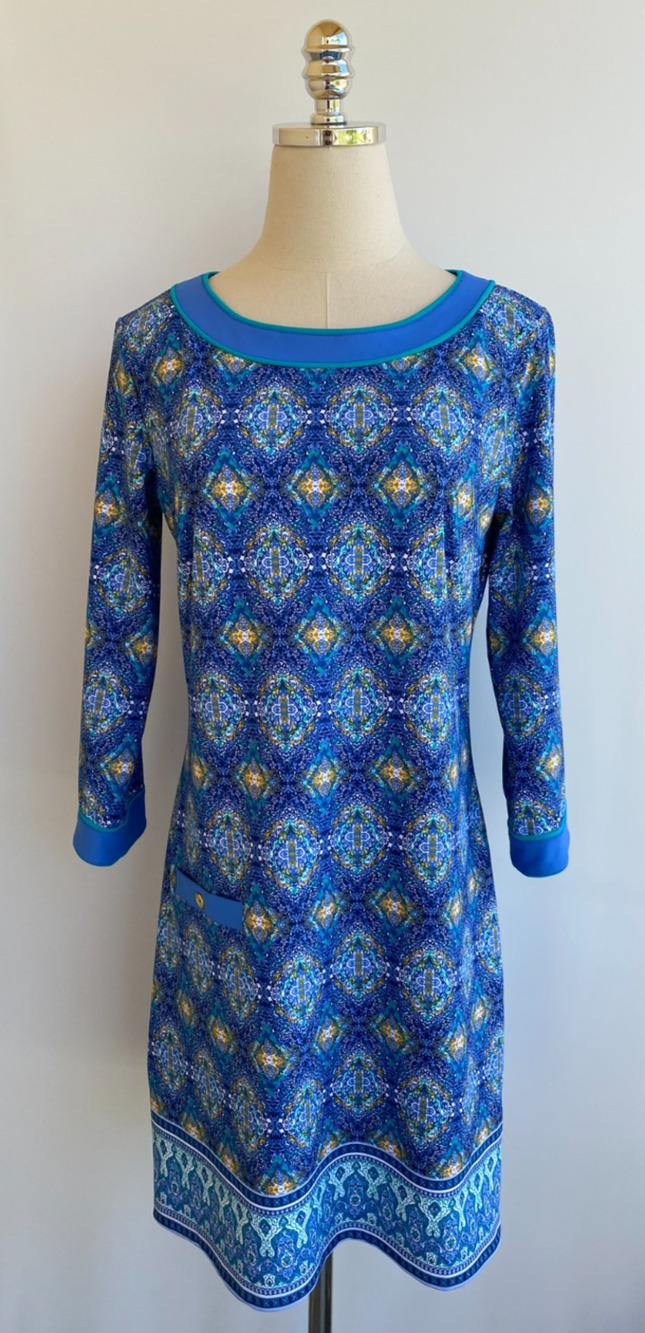 Cabana Life Tunic Dress 3/4 Sleeves Stretch Geometric Size M UPF 50 Blue